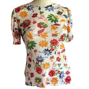 Womens Top Size Large Floral Sheer Cottage Summer Travel Vacation Beach